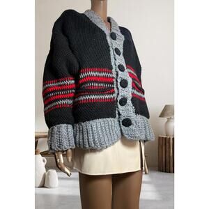 Handmade chunky knit cardigan stripes large knitted buttons one size (M-L-XL)
